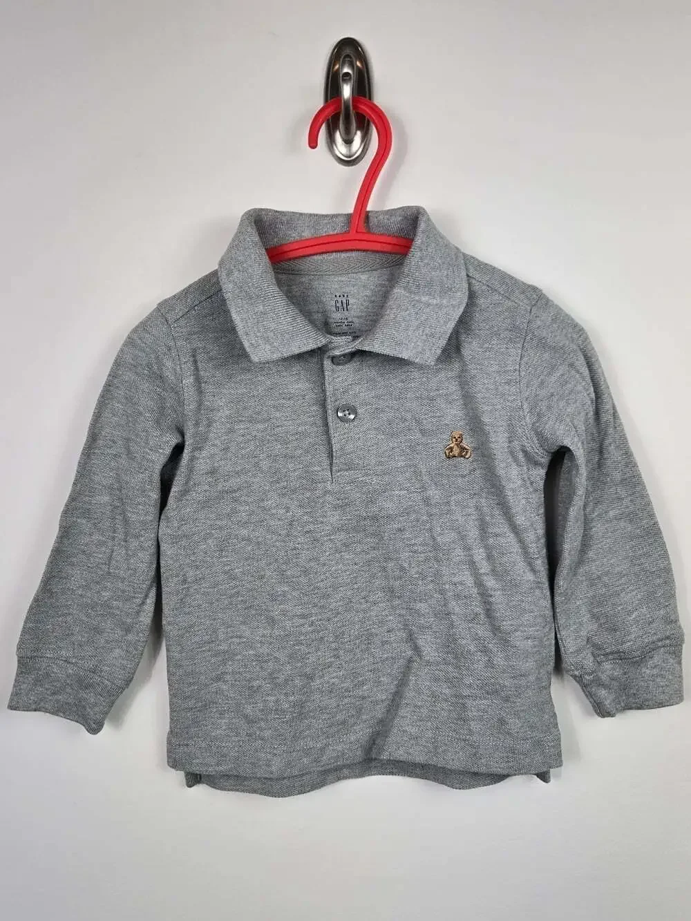 Baby Gap Gray Long Sleeve Polo Shirt Bear Logo 12-18M Preppy
